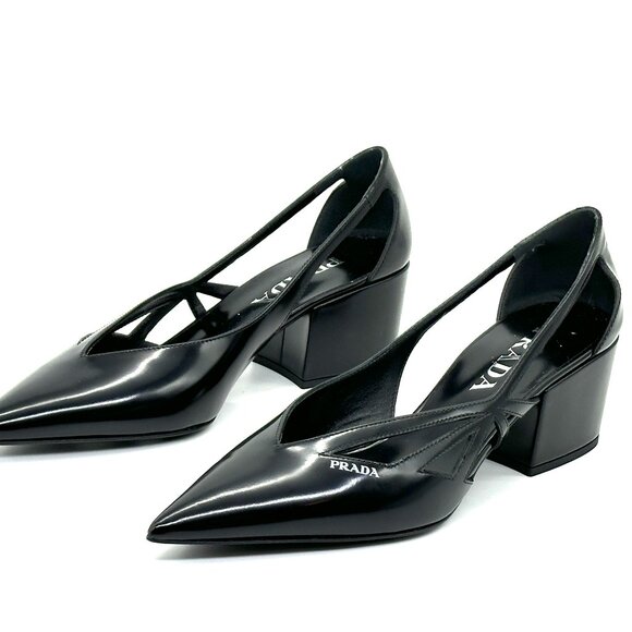 PRADA Runway Pointed Toe Cutout Cut Out Block Heel Brushed Leather Pumps - Picture 12 of 16